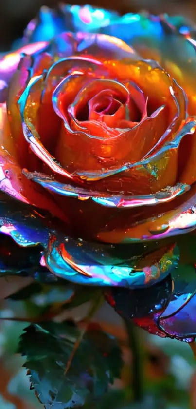 Vibrant rainbow-colored rose in full bloom.