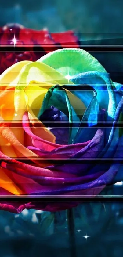 Vibrant rainbow rose against a dark background for mobile wallpaper.