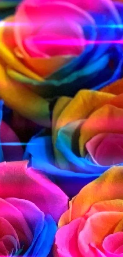 Vibrant multicolored rainbow roses wallpaper for mobile.