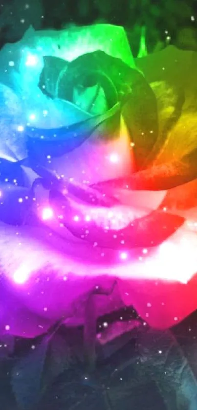 Colorful rainbow rose with starry background.