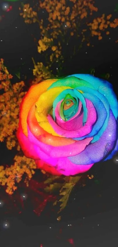 A stunning rainbow-colored rose on a dark background.