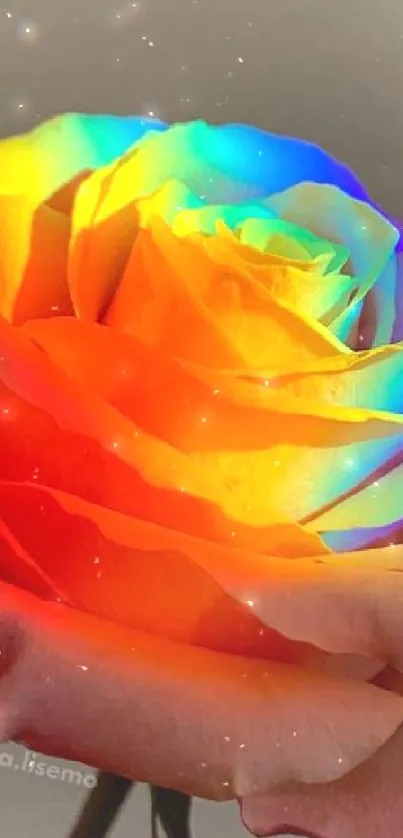 Vibrant rainbow rose against a soft background.