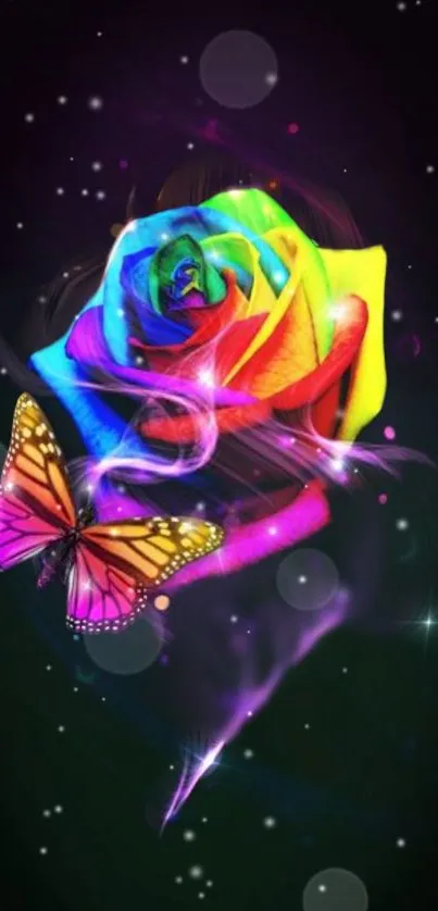 Vibrant wallpaper of a rainbow rose with a butterfly on a dark background.