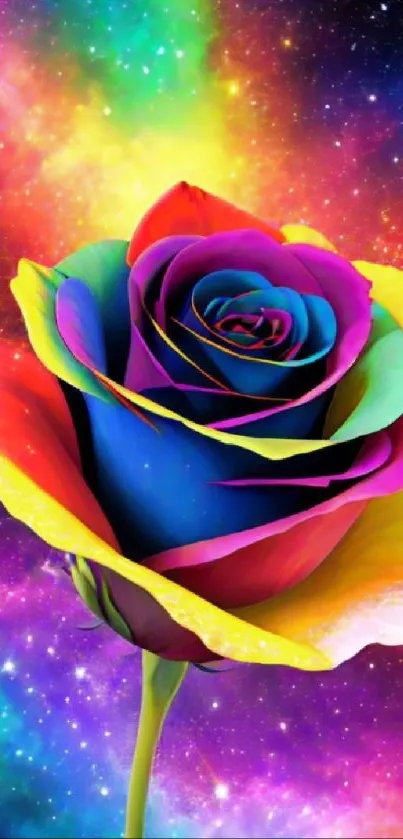 Vibrant rainbow rose against a starry cosmic galaxy background.