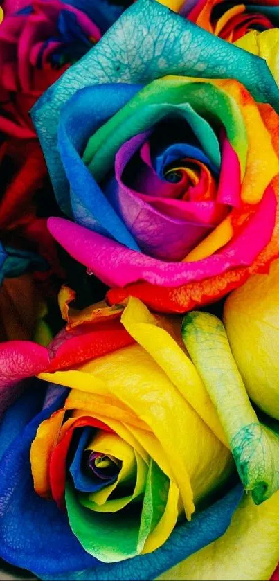 Colorful wallpaper featuring vibrant rainbow roses in full bloom.