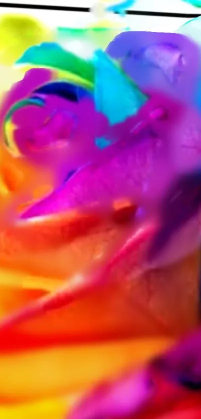 Close-up of a vibrant rainbow-colored rose with striking purple hues.