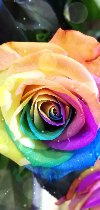 Colorful rainbow rose with vibrant petals.