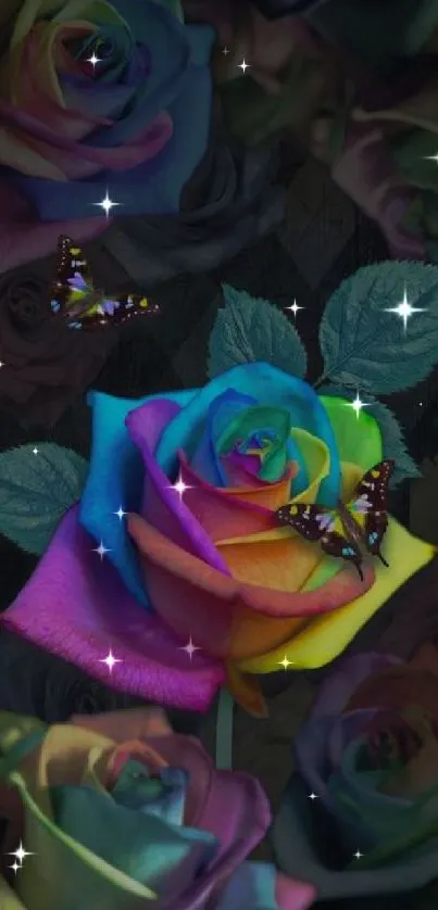 Vibrant rainbow rose with butterflies wallpaper.