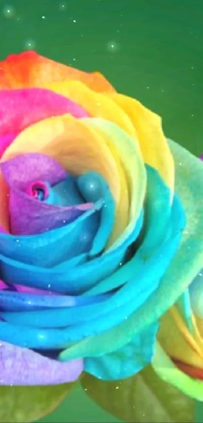 Vibrant rainbow rose with green background.