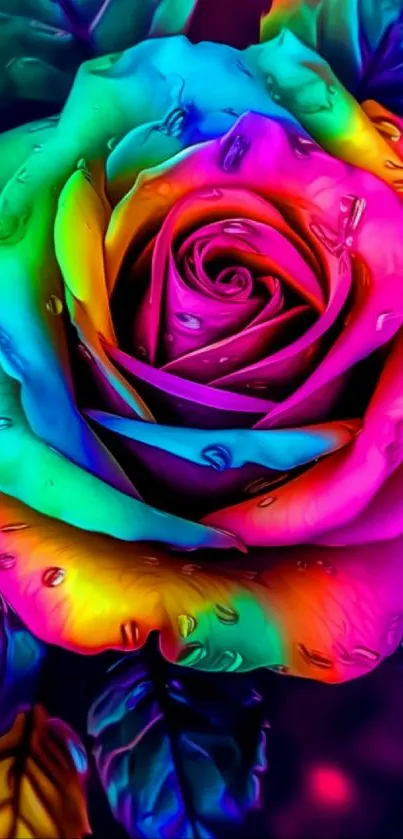 Vibrant rainbow-colored rose with water droplets.