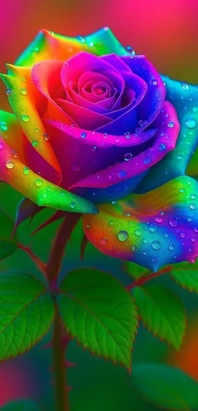 Colorful rainbow rose with water droplets.