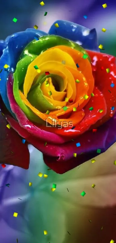 Rainbow-colored rose on a vibrant background, perfect for mobile wallpaper.