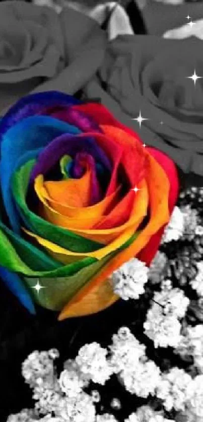 Vibrant rainbow rose amid grayscale flowers.