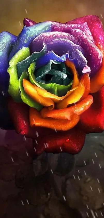 Vibrant rainbow rose with dewdrop-adorned petals in stunning colors.