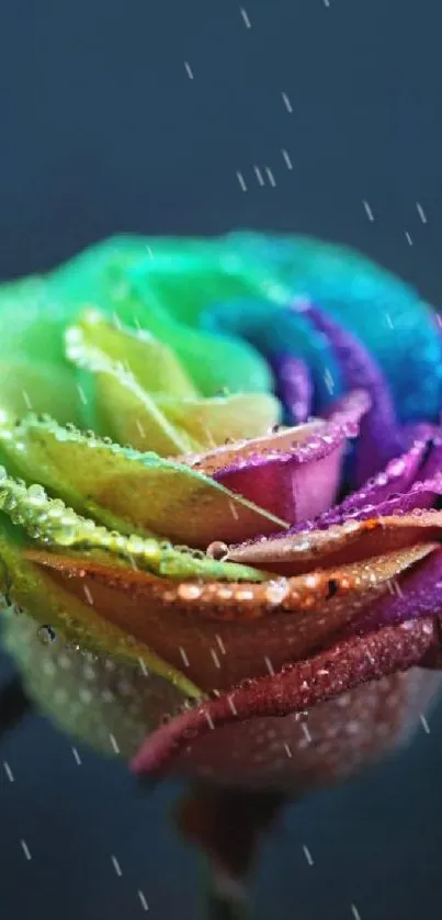 Vibrant rainbow-colored rose with dewdrops on blue background.