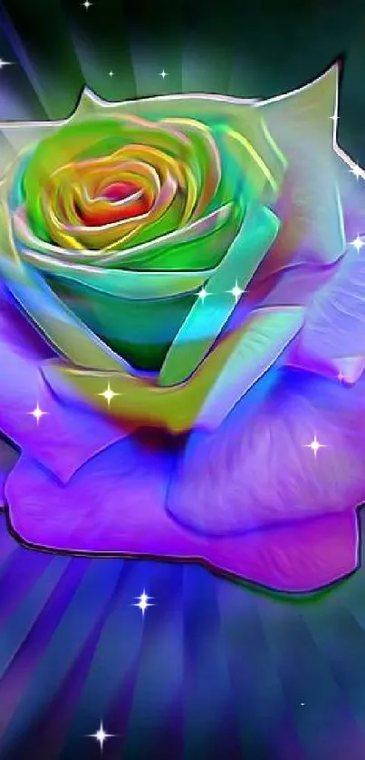 Colorful rainbow rose with vibrant hues in a digital art design.