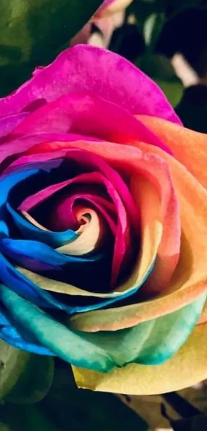 Vibrant rainbow rose with colorful petals.