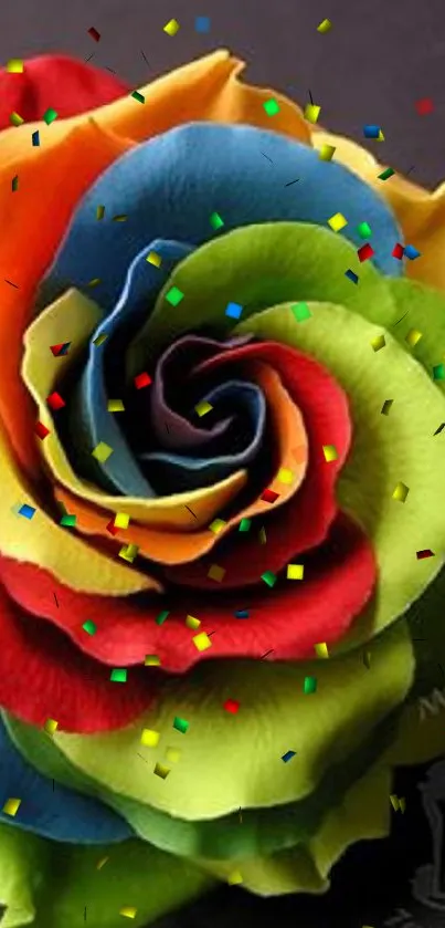 A vibrant rainbow rose with colorful swirling petals against a dark background.