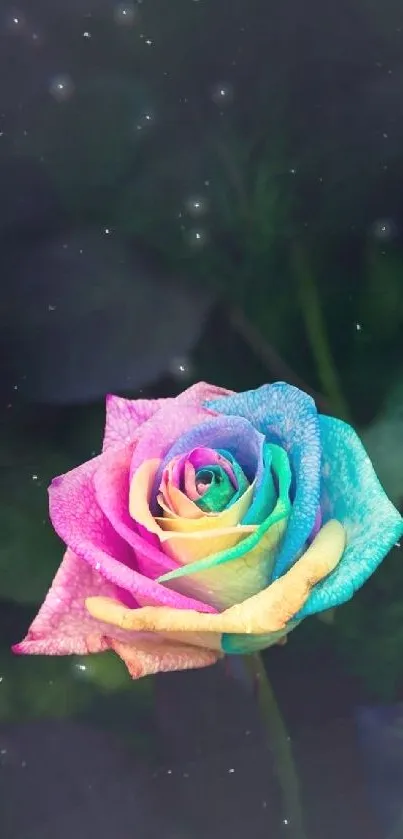 Vibrant rainbow rose with dark background.