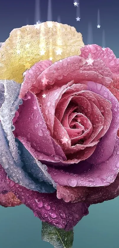 Vibrant rainbow rose with dew on petals, set against a gradient background.