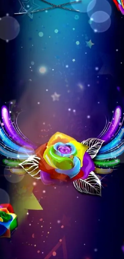 Vibrant rainbow rose set against a cosmic background with colorful abstract elements.