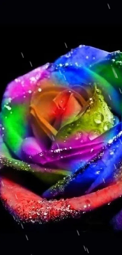 Colorful rainbow rose with water droplets on black background.