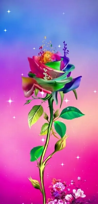 Vibrant rainbow rose on colorful background wallpaper.