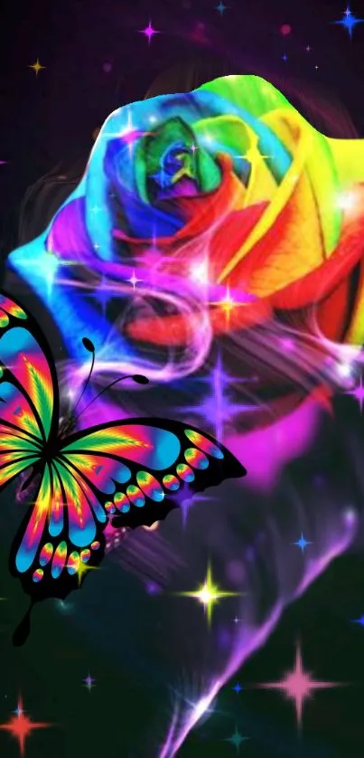 Vibrant rainbow rose and butterfly mobile wallpaper.