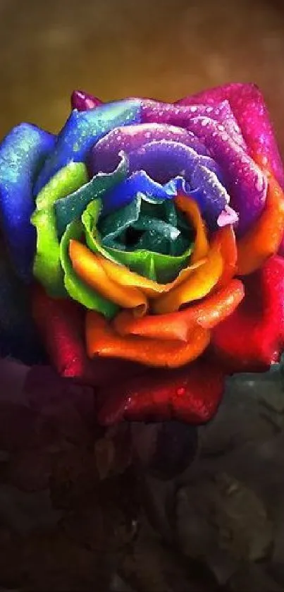 A close-up of a stunning rainbow-colored rose on a dark background.