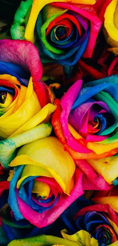 A vibrant mobile wallpaper of multicolored rainbow roses.