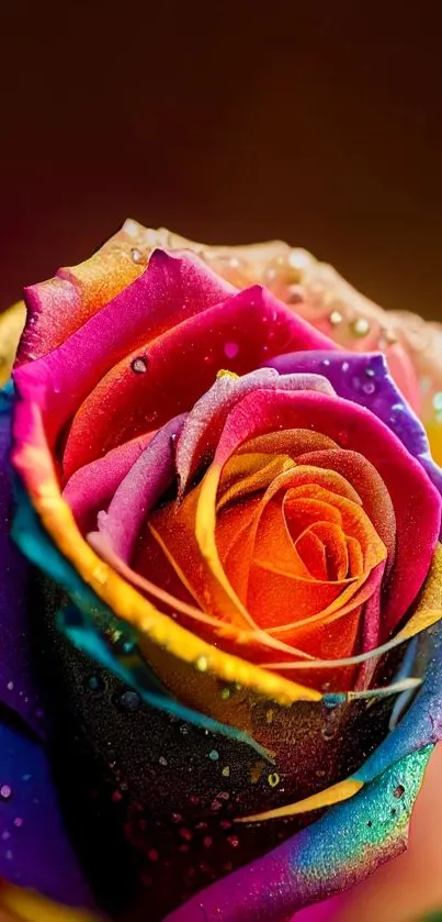 A vibrant rainbow rose with dewdrops on a dark brown background.