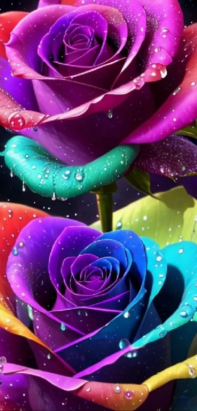 Vibrant rainbow roses with droplets on cosmic backdrop.