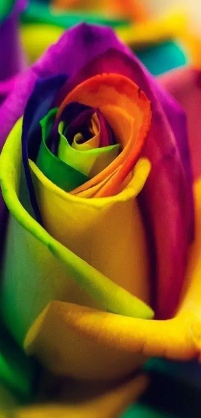 A vibrant, colorful rainbow rose with vivid yellow dominant petals.
