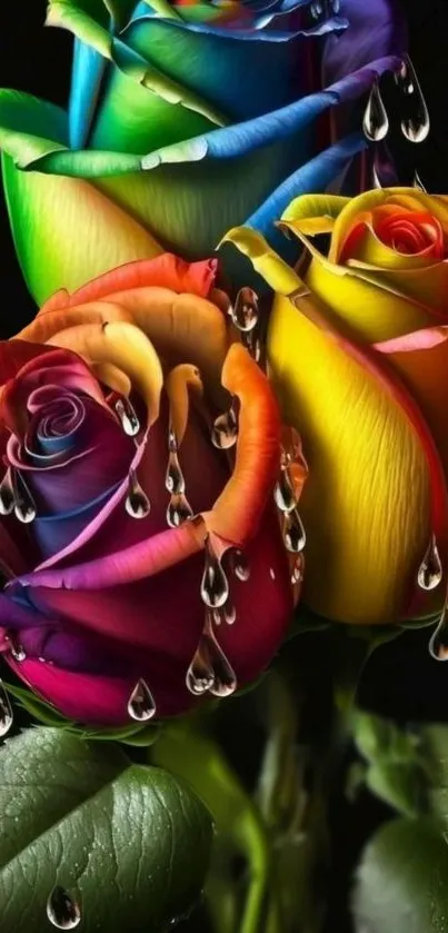 Vibrant rainbow rose with water droplets.