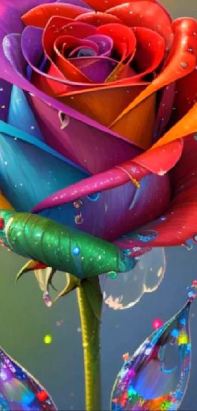 Vibrant rainbow rose wallpaper with droplets.