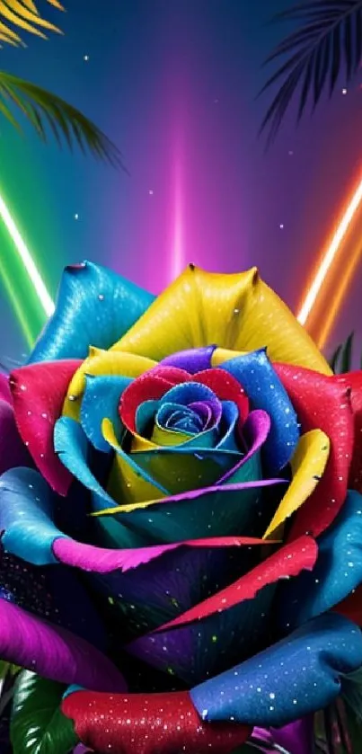 Vibrant rainbow rose with neon lights background.