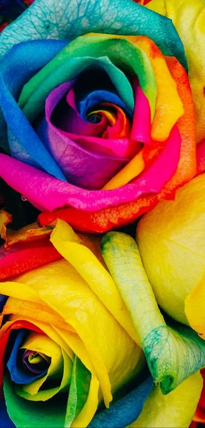 Vibrant rainbow roses with colorful petals in a close-up view.