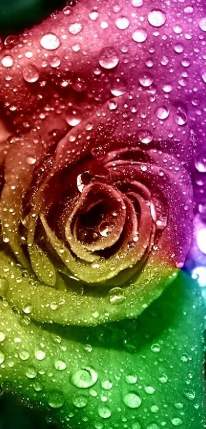 Vibrant rainbow rose with raindrops creating a colorful, artistic wallpaper.