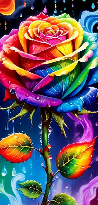 Vibrant rainbow rose with colorful petals and drops.