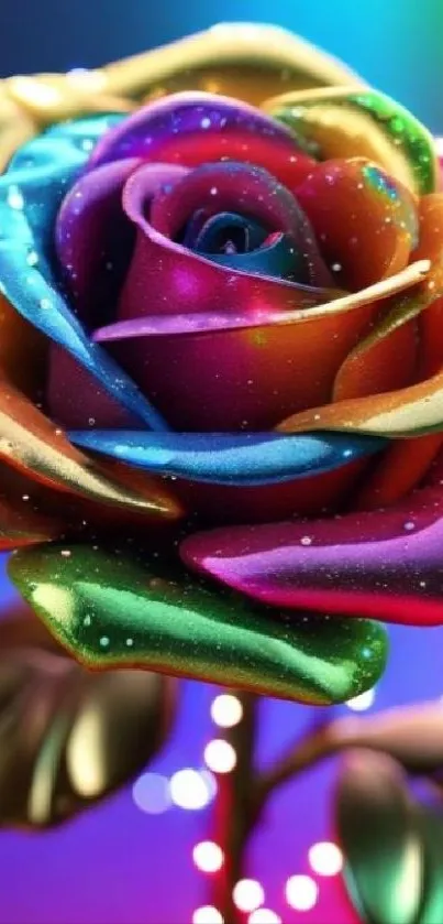 A vibrant, colorful rose with a magical, rainbow design for mobile wallpaper.