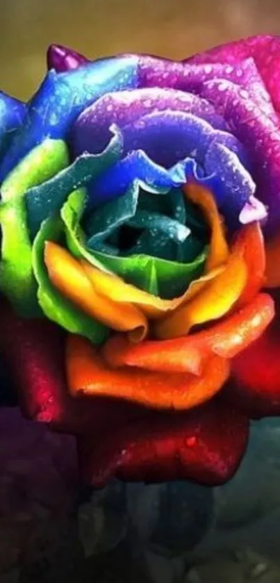 Vibrant rainbow-colored rose with dew droplets, perfect for mobile wallpaper.