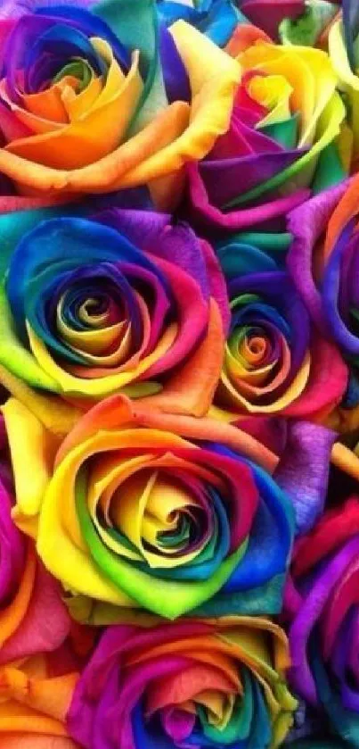 Colorful and vibrant rainbow roses pattern.