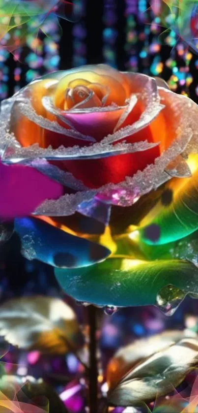 Vibrant rainbow rose with crystals in background