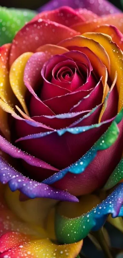 Vibrant rainbow rose with dewdrops close-up wallpaper.