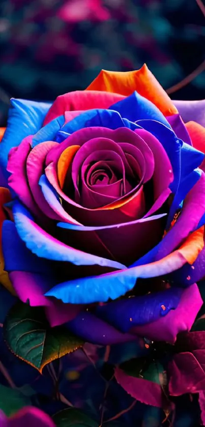 Vibrant multicolored rose with rainbow hues.