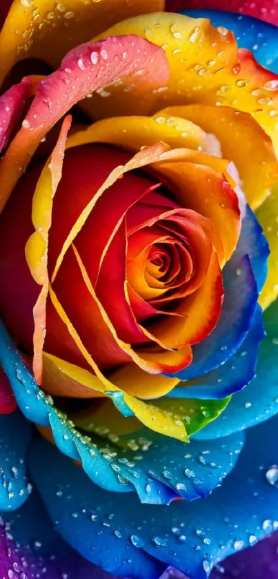 Close-up of a vibrant, colorful rainbow rose with water droplets.