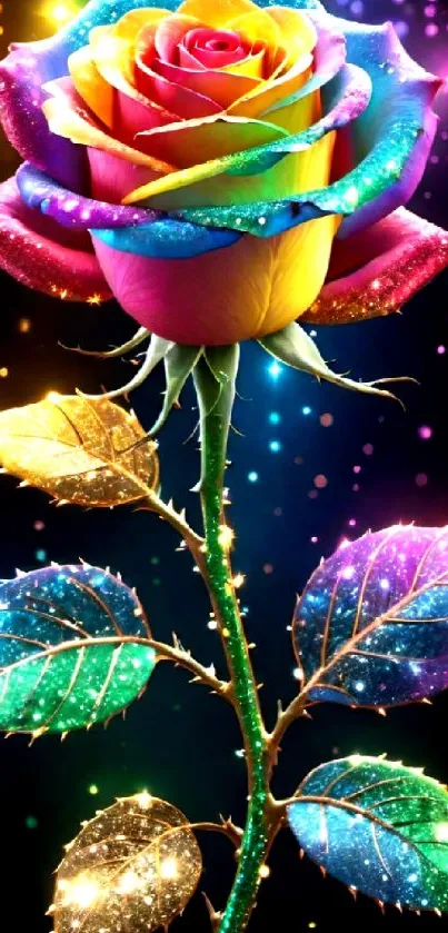 Glittering rainbow rose against black background with vibrant colors.