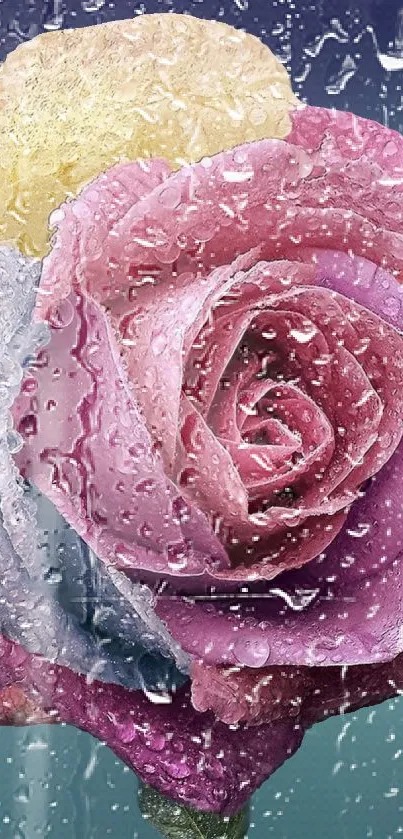 Vibrant rainbow rose with water droplets.