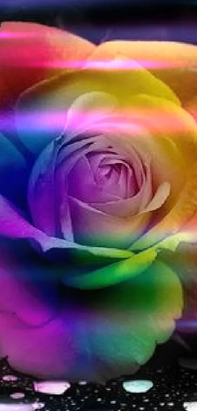 Vibrant rainbow rose with sparkles on a black background.