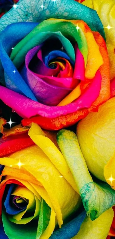 Vibrant rainbow rose wallpaper with colorful petals.